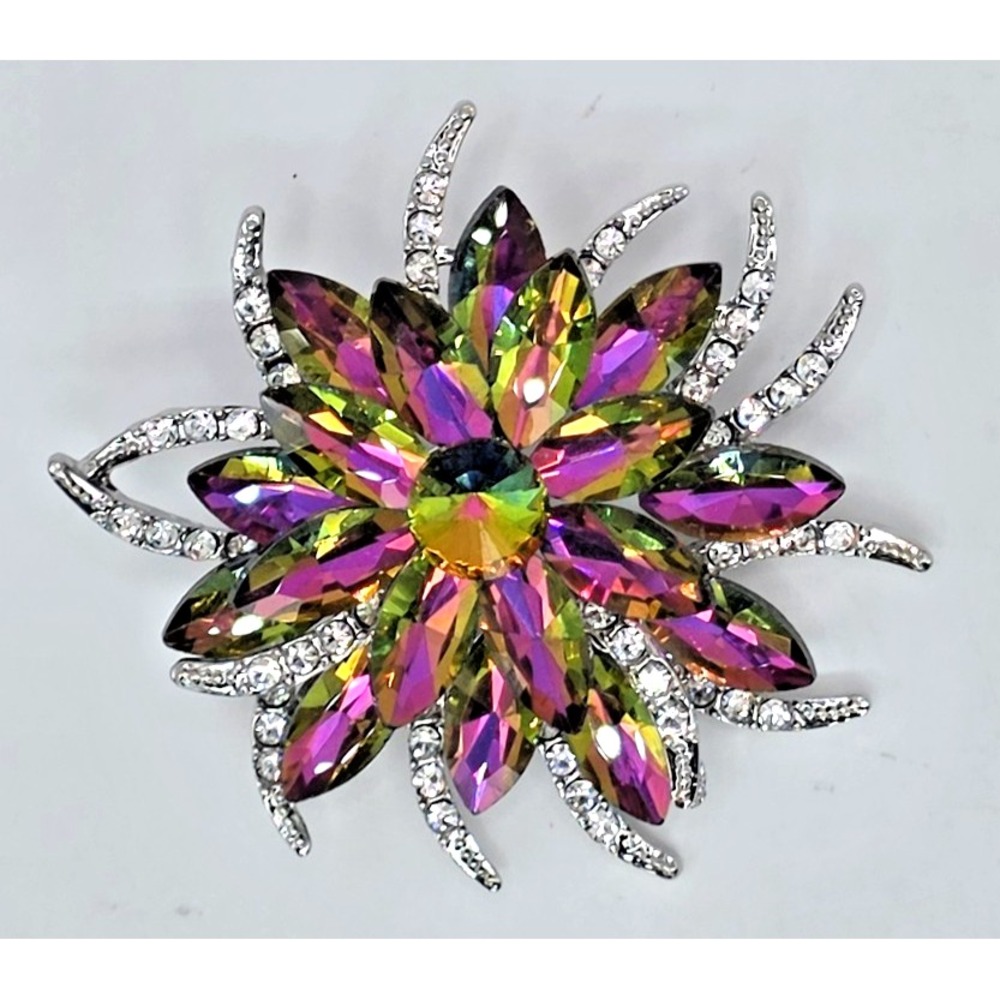 Crystal Watermelon Rhinestone Flower‎ Cluster Brooch Pin 2.25" Silver Tone